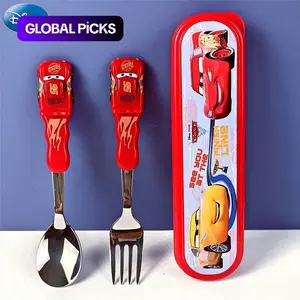 Disney Officially Licensed 3D Spoon & Fork Set, 3pcs Cutlery Utensils Tableware Set, Lightning McQueen, Mickey Mouse, Cartoon Characters, Food-Grade Non-Slip Handles with Portable Case for Outdoor Picnics, Kindergarten & Family Dinners, Birthday Parties