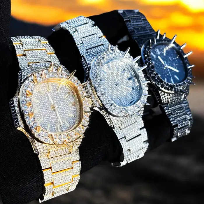 MaxBling81 Men's Bold Spike Burst Hip Hop Quartz Watch, Round Alloy Case with Iced CZ Bling and Gold/Silver Plating, Clasp, Metal, Analog, Bling Style Quartz Watches, Waterproof, Gold Details Wrist Watches