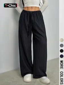Women's Stripe Print Woven Wide Leg Pants, Casual Comfy Trousers for Daily Wear, Ladies Bottoms for All Seasons, Striped, Womenswear