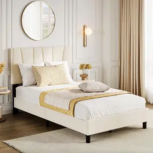 Twin Size Bed Frame with Headboard Adjustable, Modern Velvet Upholstered Twin Platform Bed Frame with Wooden Slat Support, No Box Spring Needed, Beige