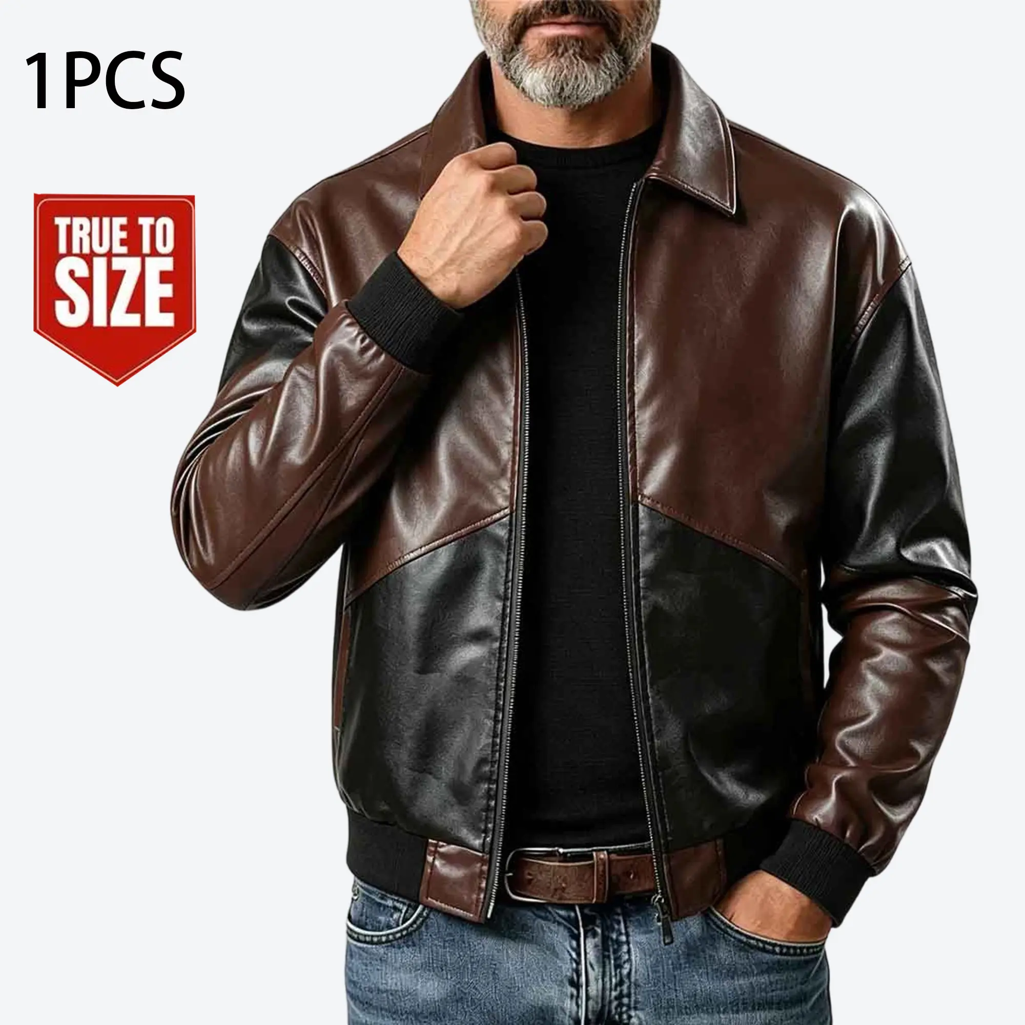 Men’s black-brown color-block patchwork faux leather jacket, classic lapel zip slim fit motorcycle outerwear, soft windproof PU jacket, trendy streetwear, suitable for daily commuting, motorcycle riding, weekend dates, casual wear for spring/summer/autumn