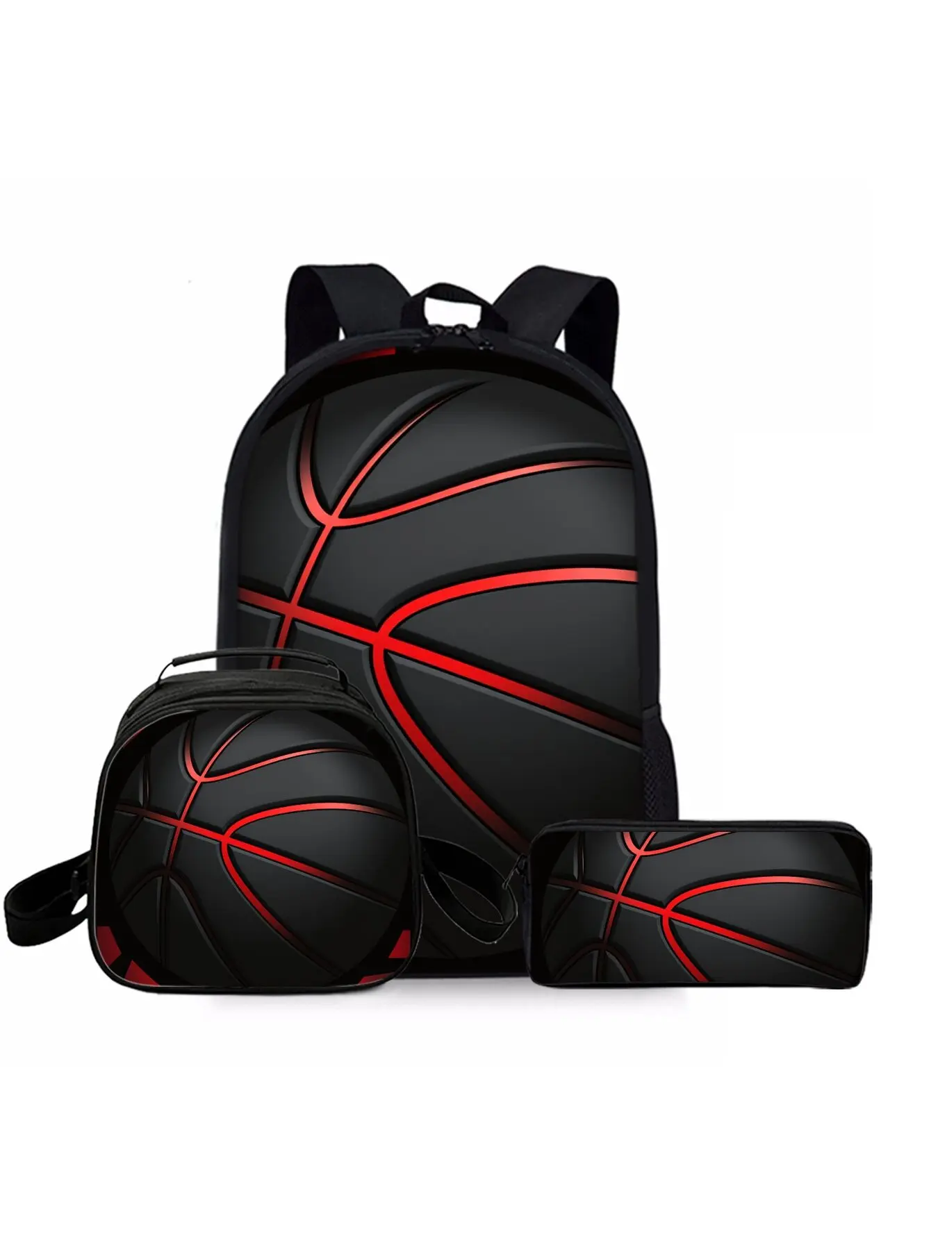 Three-piece set of red basketball pattern printed backpacks, including lunch bag, pencil case, and backpack, Durable Backpack, School Backpack Set