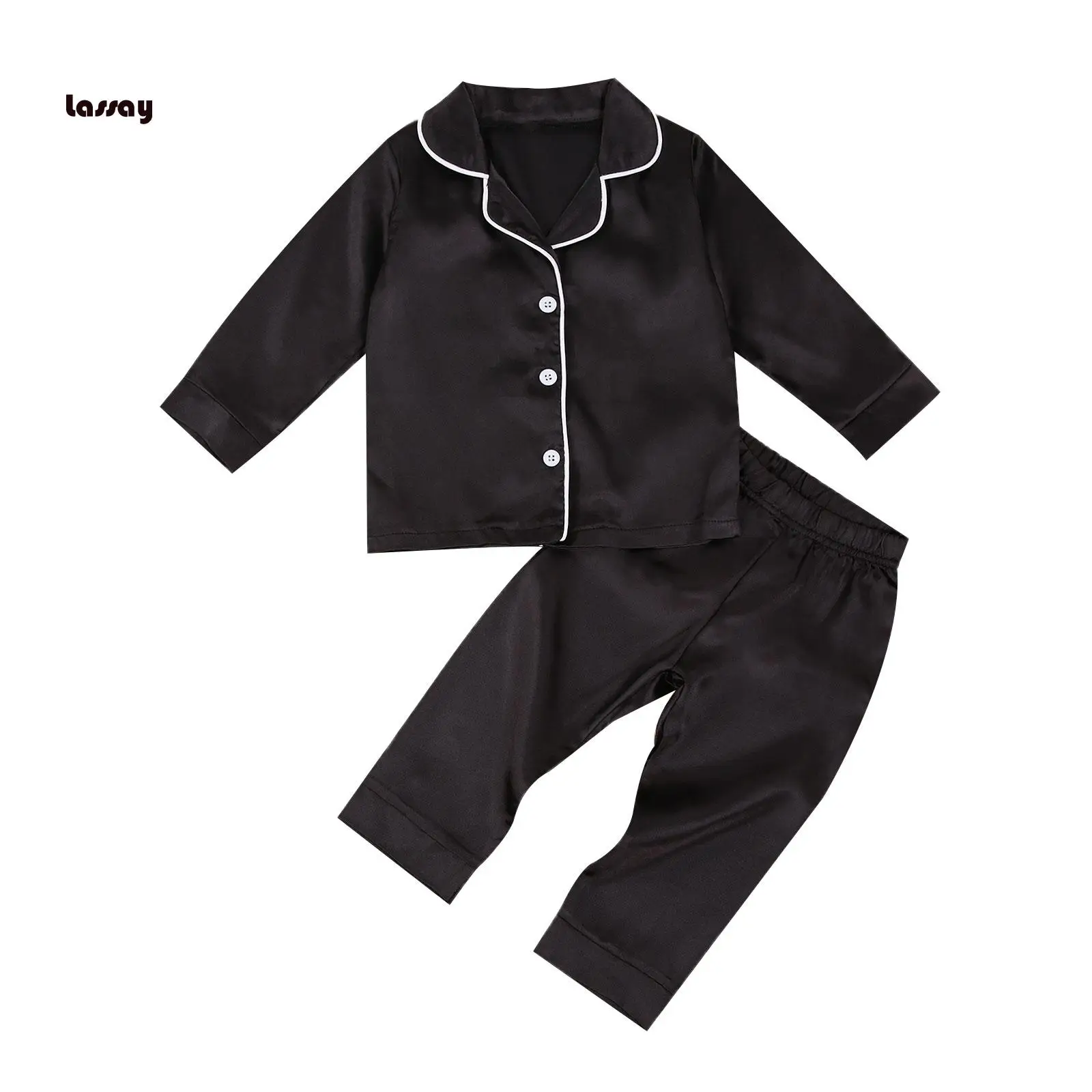 Toddler Baby Black Satin Pajamas, Infant Boy Short/Long Sleeve Short/Long Pants Sleepwear, Casual Button Two-pieces Set