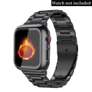 Stainless Steel Watch Band Smartwatch Strap with Tempered Glass Screen Protector (2 Counts/set), Watch Band for Apple Watch Series 9 Ultra 2 8/7/6/5/4/3/2/1/SE, Smart Watch Accessories