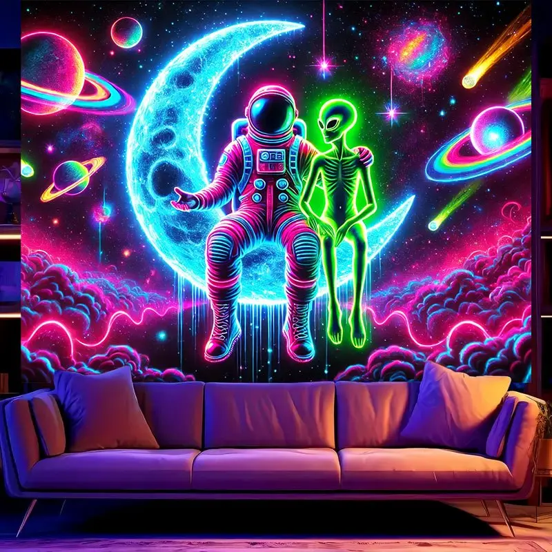 LED Luminous 2D Flat Fluorescent Tapestry, Neon Celestial Astronaut Print, Home Wall Hanging Decor for Bedroom, Living Room, Office, Porch Garden Holiday Door Flag, Led Luminous Tapestries, Colorful Light-Up Tapestries, Neon Tapestries