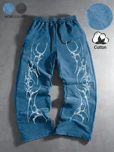 Men’s and women’s styles. Gothic design, Gothic script print, trendy, thin fabric, cotton blend, straight-leg pants, long trousers, casual wear, suitable for street fashion, trendy Gothic culture, Gothic style outfits, Y2K style outfits, everyday wear, gi