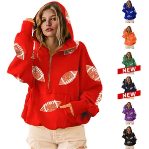 Molitree Women's Game Day Sweatshirts Football Sequin Long Sleeve Zipper Hoodies with Pocket Cotton Material Adjustable Drawstring Hooded Collar Front Kangaroo Pocket Casual Womenswear