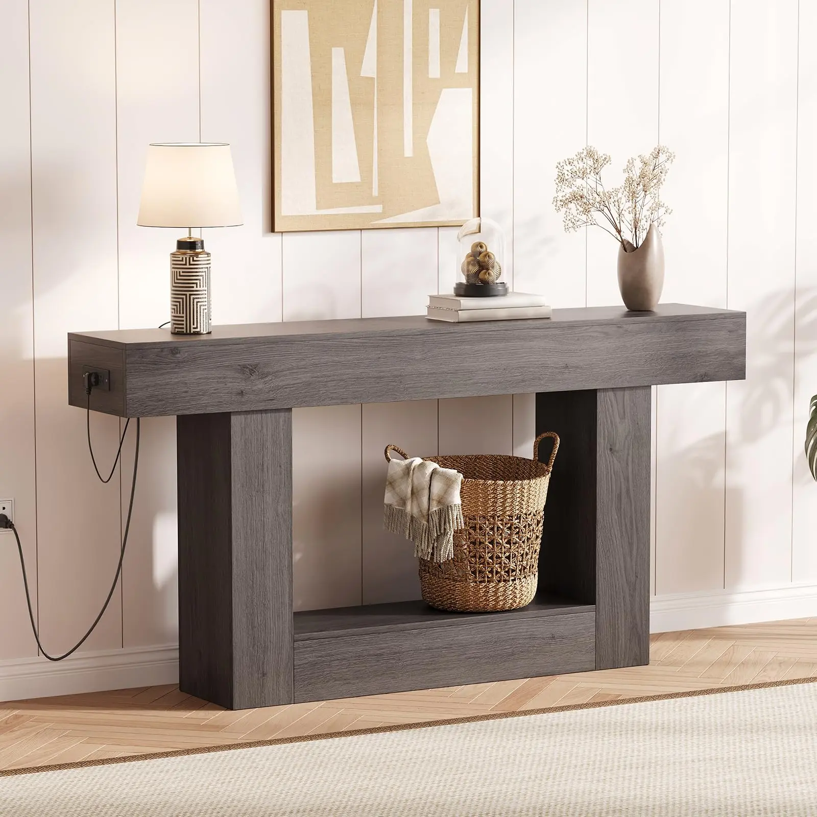 Garvee 63-in Farmhouse Rectangle Entryway Table with Storage, Charging Station (USB Port), 2-Tier Narrow Console Table, 62.99x11.81x32.28 in, 68.12 lbs Wooden Furniture for Entrance Foyer Living Room, Grey, Rustic, Space Saving Furniture