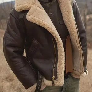 2025Men's Bomber Jacket Vintage Faux Leather Coat Sherpa Lining Heavyweight Cut Coat Faux Leather Jacket Trench Windbreaker Hoodie Shirt Clothes Casual Long Sleeve Fleece Menswear Artificial Black Soft Breathable