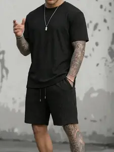 2026 Summer Essential: Black Textured Short Sleeve & Shorts Set | Smart Casual Oversized Fit with Drawstring & Zipper Pockets | All-Match Loungewear