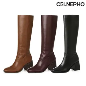 CELNEPHO Womens Tall Boots Square Toe Knee High Boot Side Zipper Closure Chunky Block Heel Vintage Campus Booties Easy Pull on Fashion Boot Everyday Wear Party Outdoor Concert Wedding Dress Shoes Black Leather