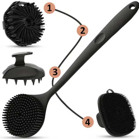 100% Silicone Body Brushes 4-Piece Bath Set - Long Handle Dual-Sided Exfoliating Tool, Comfortable and Stable, Easy-Cleaning Sensitive-Safe Accessory for Comprehensive Cleansing Routine, All Skin Types (Black)