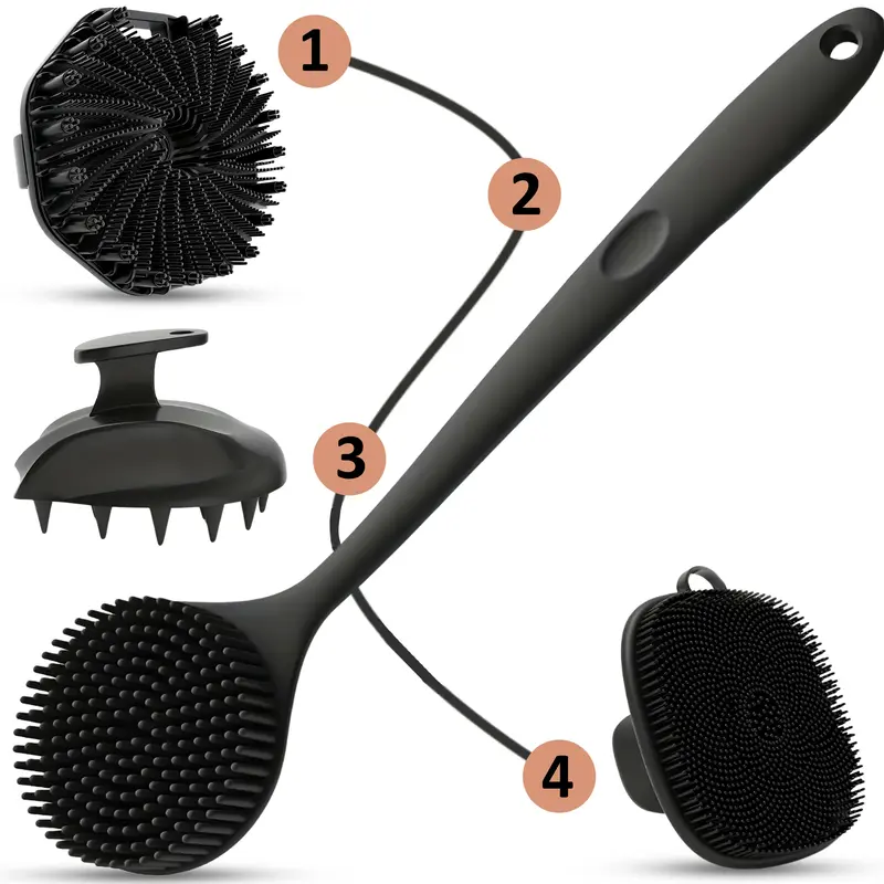 100% Silicone Body Brushes 4-Piece Bath Set - Long Handle Dual-Sided Exfoliating Tool, Comfortable and Stable, Easy-Cleaning Sensitive-Safe Accessory for Comprehensive Cleansing Routine, All Skin Types (Black)