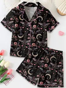 Witchy Satin Pajamas Set, Night Garden Mystical Moth Magic Witchy Floral Satin Pajama Set, Halloween Magic Witchy Floral Pajama Sleepwear, Nighwear Set for Her