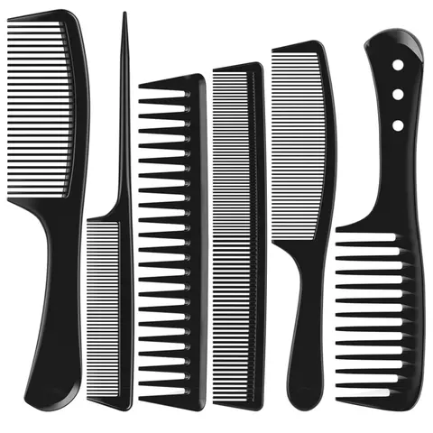 6 PCS Sturdy Carbon Fiber Multi-Toothed Black Hair Comb Set - Wide+Fine Teeth, Rat Tail Barber/Salon Tools & Accessories, Smooth Scalp Glide, Daily Styling for Wet Curly Natural Hair Detangling Parting Cutting
