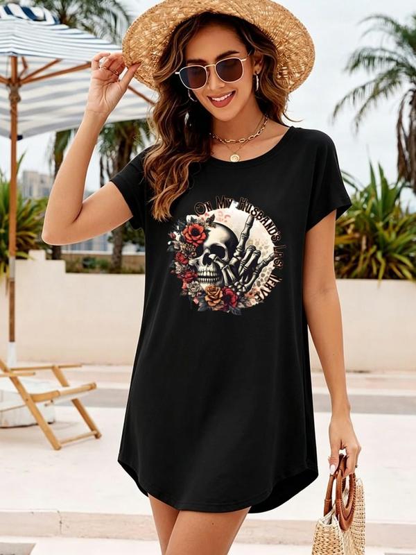 Women's Black Casual Crew Neck Short-Sleeve Polyester Tunic Dress - A-Type, Lightweight, Smooth, Straight, Loose Cut, Curved Hem, Vintage Floral Skull Middle Finger Print, Funny Sassy Wife Viral TikTok Design, Comfortable, Elegant, Hand Wash, Elastane soh