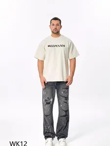 WEEHOURS WK12 Splatter Distressed Wide Leg Jeans – Heavyweight Vintage Denim Menswear Leather Black Natural Ripped Straight