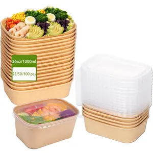 36oz/1000ml Paper Bowls with Lids, Durable Disposable Food Prep Containers, Clamshell Takeout Tray, Microwave & Freezer Safe, Rectangular Soup Salad Noodle Bowls, Party Supplies, Disposable Tableware