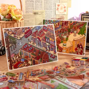 8 sheets 3D landscape stickers featuring city houses streets theme, vintage style, made PVC white card double materials, self adhesive, DIY journal decoration scrapbook stationery sticker pack