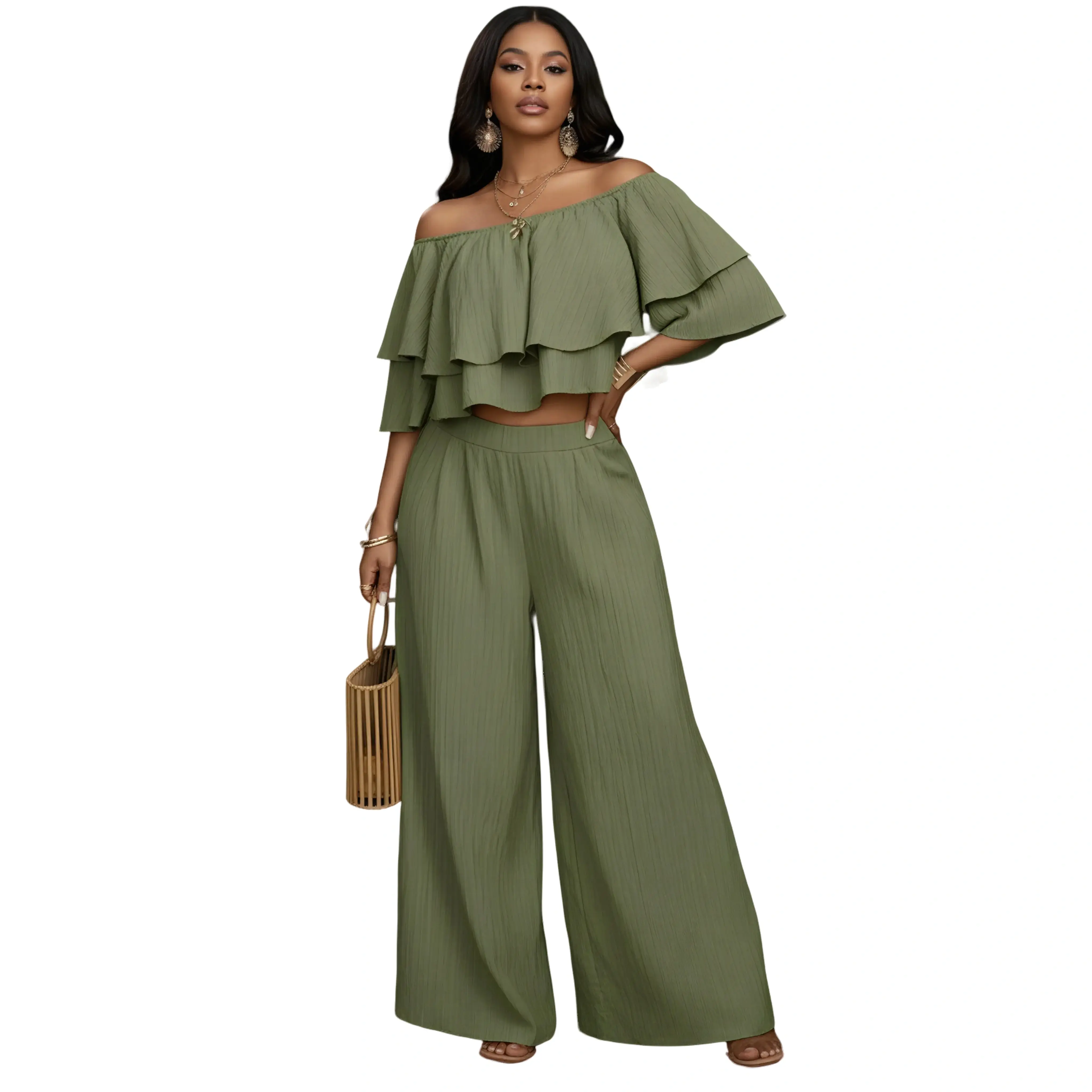 Boho Chic Sage Green Off Shoulder Ruffle Crop Top Wide Leg Pants Sage Green Two Piece Set