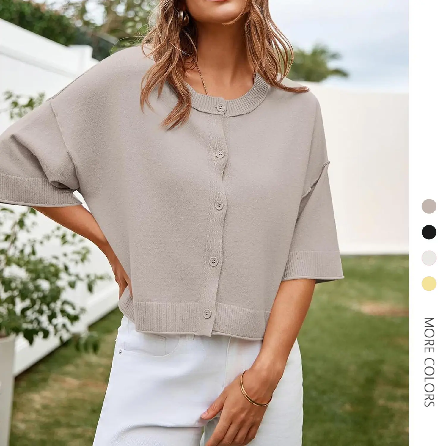 Danedvi Women's Oversized Cropped Ribbed Knit Cardigan - Half-Sleeve Button-Down Round Neck, Lightweight Comfortable Fabric Knitwear for Summer Outfits