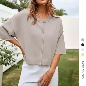 Danedvi Women's Oversized Ribbed Knit Crop Cardigan - Half-Sleeve Button-Down, Soft Lightweight Fabric, Solid Basic Casual Women's Knitwear Essential for Minimalist OL Summer Outfits (Cropped Design Pairable with Pants)