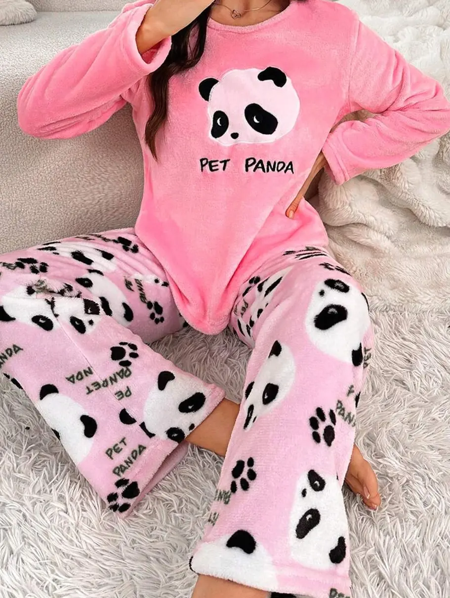 Women's 2-Piece Long Sleeve Panda Print Pajama Set in Pink