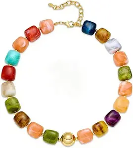 Colorful Chunky Necklaces for Women Trendy Multicolor Large Square Resin Beads Necklace Boho Chunky Statement Choker Necklaces Y2K Summer Jewelry