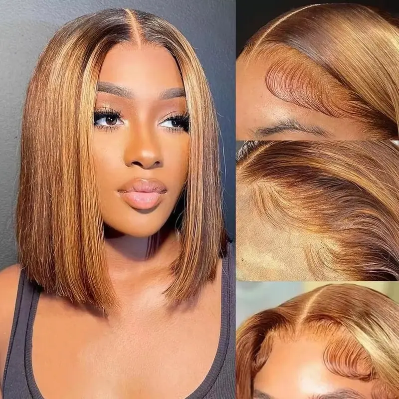 14 Inch Highlight Short Bob Human Hair Wigs 4/27 Color Brazilian Hair Honey Blond Straight 13x4 Lace Front Wigs For Black Women