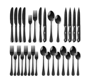 25 PCS Black Stainless Steel Silverware Set Includes Steak Knives Food Grade 410 Flatware Mirror Polished Finish