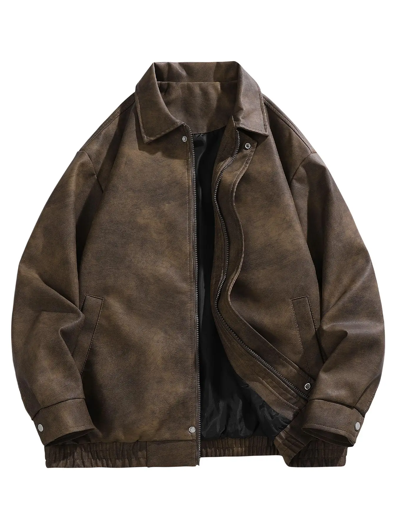 Men's Solid Pocket Zipper PU Leather Jacket, Loose Casual Drop Shoulder Long Sleeve Button Collared Outerwear for Fall & Winter, Men's Clothes for Dai