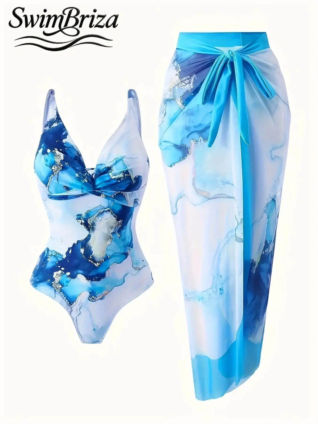 Briza｜V Neck Twist Front One Piece Swimsuit For Women In Blue Marble Print With Tie Sarong As Vacation Swimwear For Women And Swimsuit Cover Up For Women, Bathing Suit Women Set And Bathing Suits For Women For Resort Beach Ready Confidence