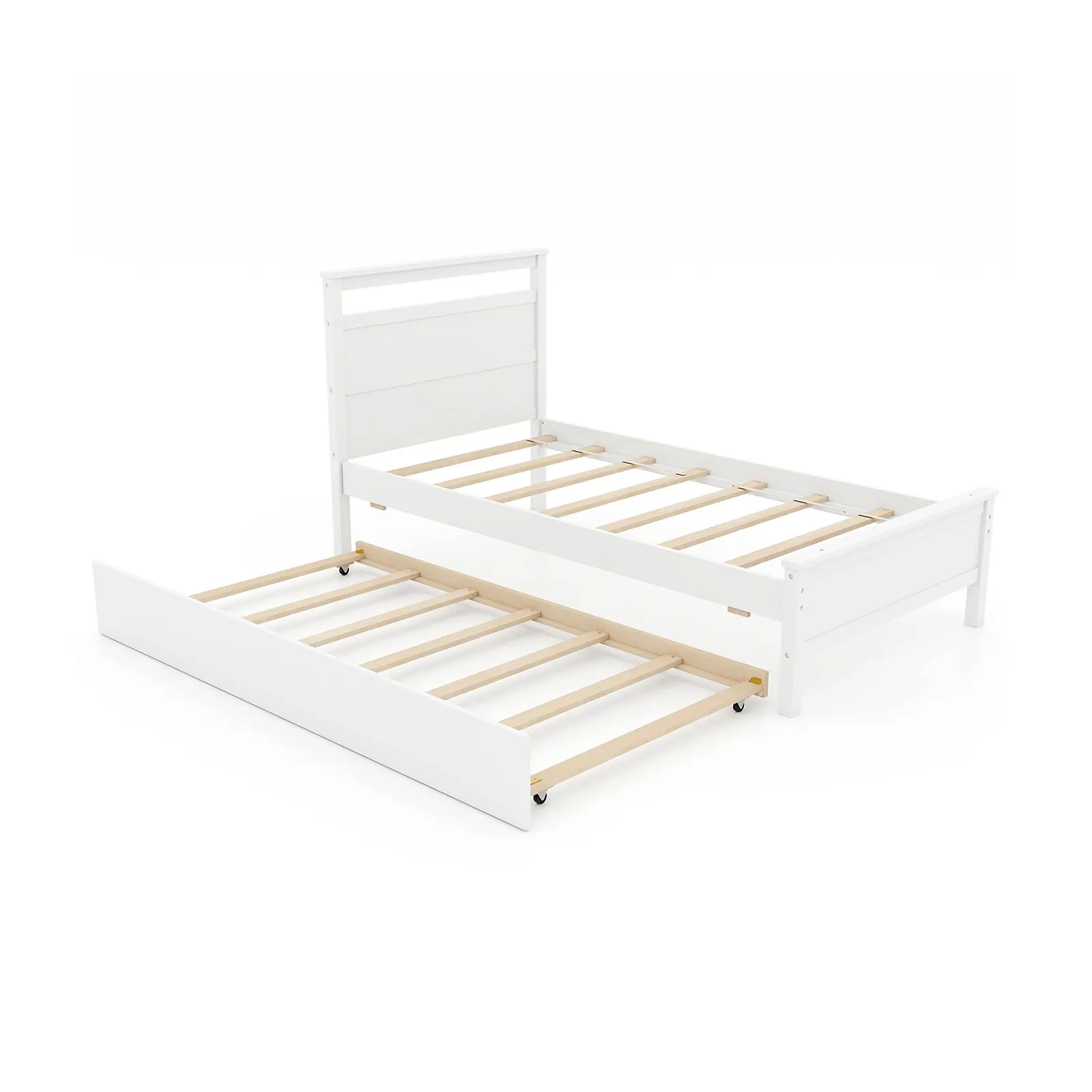 COSTWAY - Twin Size Wooden Bed Frame with Trundle for Teens and Adults-White COSTWAY - Twin Size Wooden Bed Frame with Trundle for Teens and Adults-White