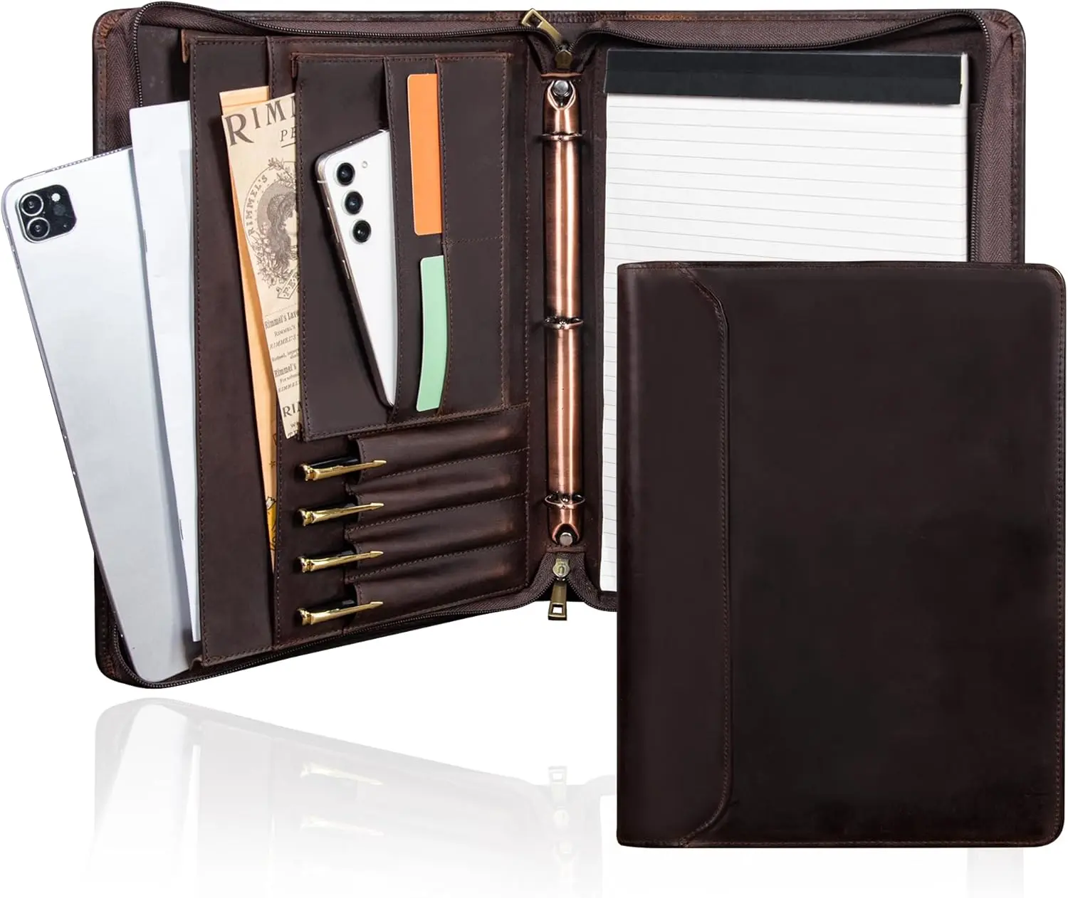 Leather Padfolio Binder for Men & Women - A4 Letter Size Notepad & iPad Pro 12.9 Compatibility,Zippered Padfolio Organizer, Portfolio Binder with Business Card Holder,Darkbrown