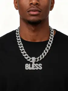 Elegant Zirconia Letter Bless Pendant Necklace, Cuban Link Chain, Unisex Hip-Hop Jewelry, High-End Shiny Accessory, Perfect Gift for Daily & Special Occasions