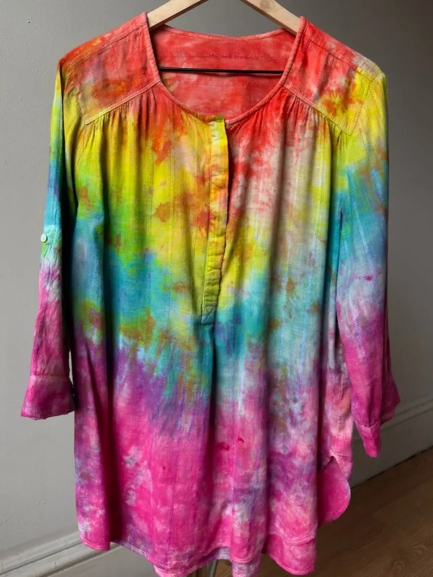 Women’s XXL pastel rainbow blouse concealed buttons on chest cotton shirt