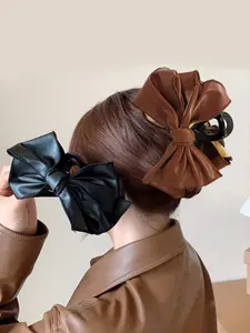 2pcs women's double-layer bow black hair clip leather fabric retro fashion style spring hair clip anti-slip suitable for thick hair Hair Clip Set