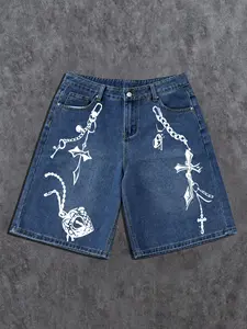 Men's Casual Denim Shorts, Deep Blue Dark Wash with Cross and Chain Graphic Print, Fitted Style, Durable Zipper, Practical Pockets, Streetwear Fashion