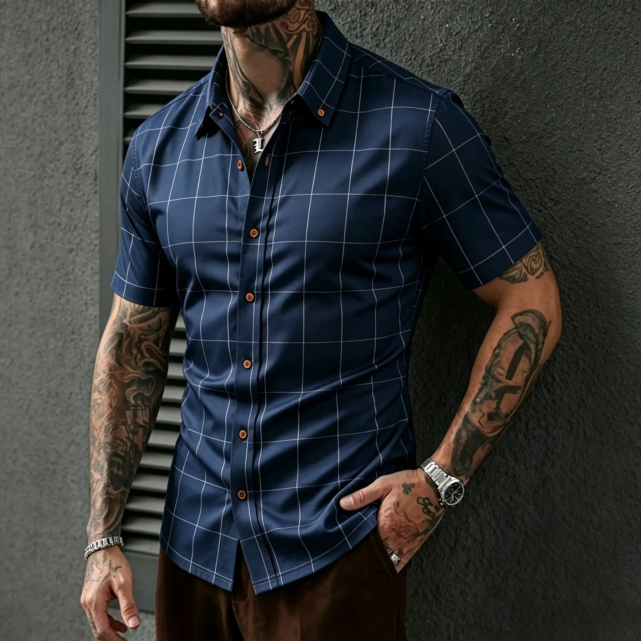 Men’s plaid short-sleeve shirt, slim fit, stretchy, wrinkle-free, business casual dress shirt for summer