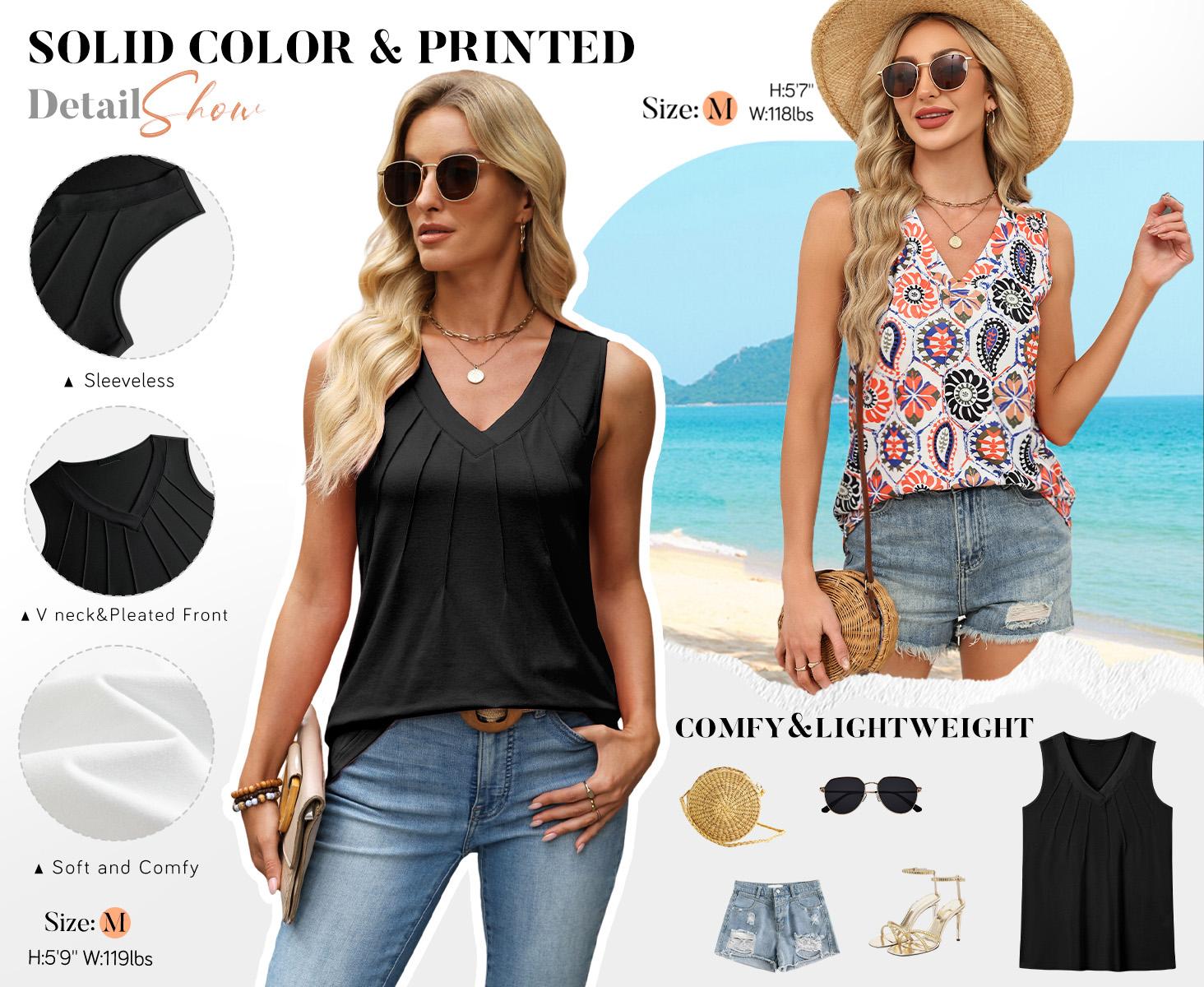 Wiholl Tank Tops for Women Loose Fit Sleeveless Shirts V Neck Summer Clothes Ruched Women's Tees and Tanks Straight Hem Vneck
