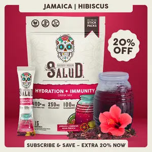 Salud 2-in-1 [Hydration + Immunity - Jamaica | Hibiscus] 400mg Electrolytes, 250mg Wellmune, 100mg Elderberry, Dairy & Soy Free, Non-GMO, Gluten Free - Healthcare, Vitamin (15 Servings)