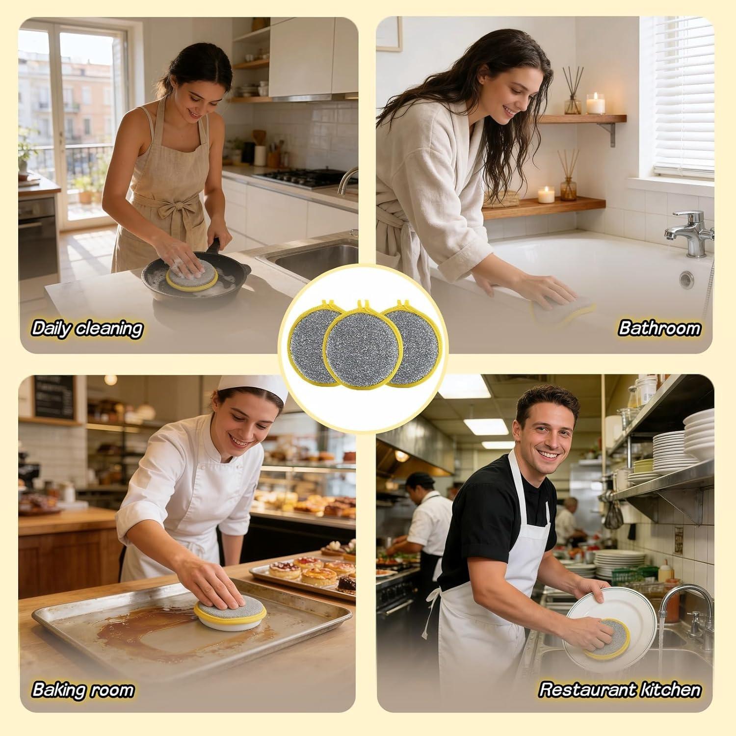 12 pcs Double-Sided Dishwashing Sponges: Round Nylon-Filament Scrubbing Pads Ideal for Cleaning Dishes/Pots/Pans/Sink, and Basin in The Kitchen(Yellow)