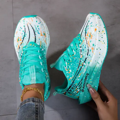Women's Outdoor Trail Trainers - Fluorescent Gradient Splatter Print, Carbon Plate, Breathable Light Knit Upper, TPU Shock-Absorb Cushioned Sole, Lace-Up Anti-Slip Wear-Resistant Running Shoes for Daily Fit, Athletic Performance