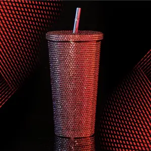 Custom luxury bling Rhinestone RED vacuum Tumbler 304 Stainless Steel INSULTATED CUP with for Party Hot/cold 500ml  16.9 Onzas.