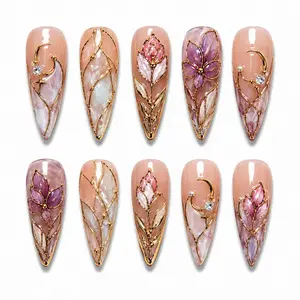 Handmade Stiletto Press On Nails – Gold Floral Pearl Pink Lavender Luxury Set