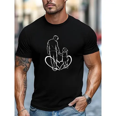 Men's Father-Daughter Graphic T-Shirt, Oversized 100% Cotton Tee with Relaxed Fit, Casual Paternal Love Theme Short Sleeve Top