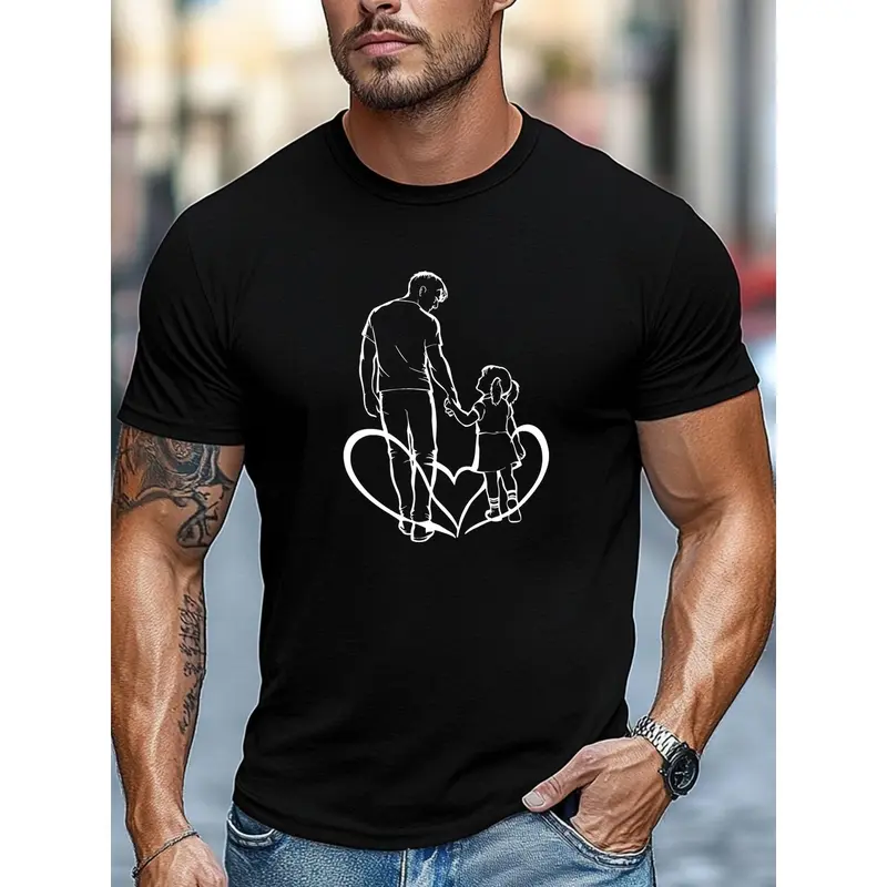 Men's Father-Daughter Graphic T-Shirt, Oversized 100% Cotton Tee with Relaxed Fit, Casual Paternal Love Theme Short Sleeve Top