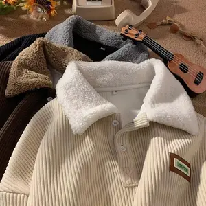 Corduroy Polo collar sweater for couples in autumn and winter style with thick velvet, simple and fashionable lambing wool jacket, comfortable long sleeved clothes, retro streetwear, degree pretending (gift)RAIMENTRY