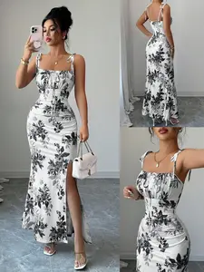 New Women's Fine Strap Sleeveless Bow Waist Ruched Hem Slit Floral Design Dress, Elegant Party Casual Daily Wear, Tall Slimming Feminine Stylish Womenswear Dress