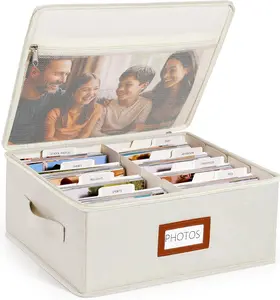 Photo Storage Box with Lid & Dividers, Linen Photo Organizer for up to 2000 4x6 Pictures, Keepsake Memory Box with Side Handle for Family, Wedding & Baby Photos, Cards, Scrapbook